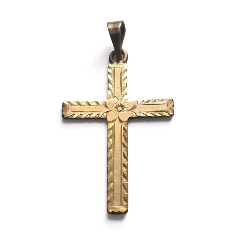 Vintage 10K Yellow Gold Engraved Floral Cross Pendant Christian Religious